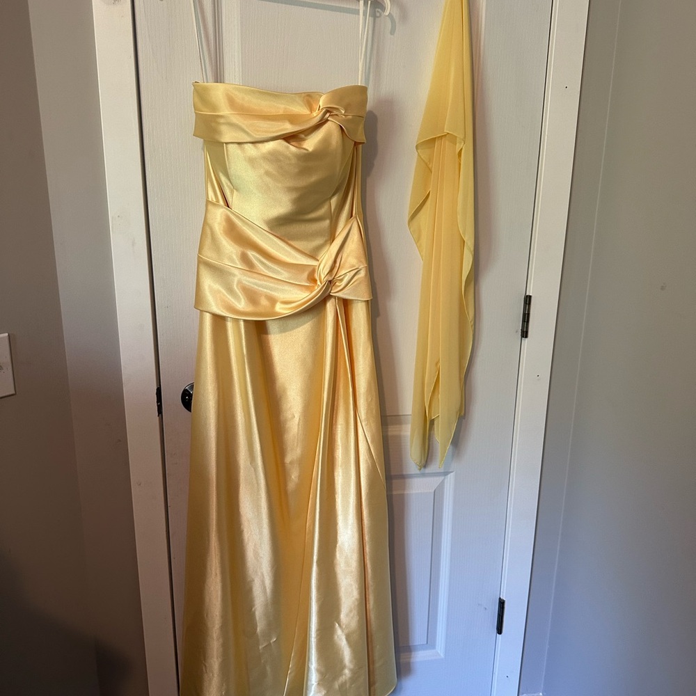 Elegant Yellow Satin Gown with Shawl